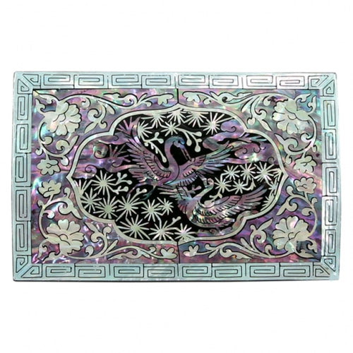 Arabesque Crane & Pine Mother of Pearl Business Card Case, Multi-Purpose Box (Black)