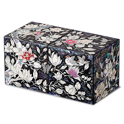 Flower & Bird Blue Mother of Pearl Double Lidded Jewelry Box - by Park In-ho