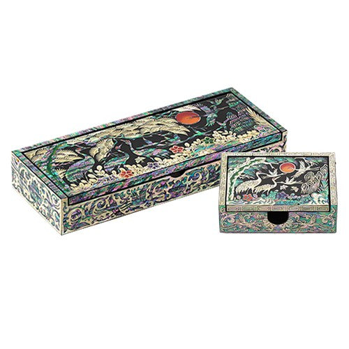 Auto-Slide Square Business Card & Pen Holder Set — Pine Crane and Dragon Patterns - OF0237