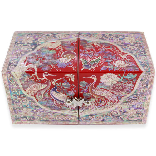 Round Crane & Pine Double Lidded Mother of Pearl Jewelry Box (Medium, Red) - Oh Myung-ho