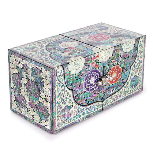 Peony Oval Border Double Lidded Mother of Pearl Jewelry Box (Large)