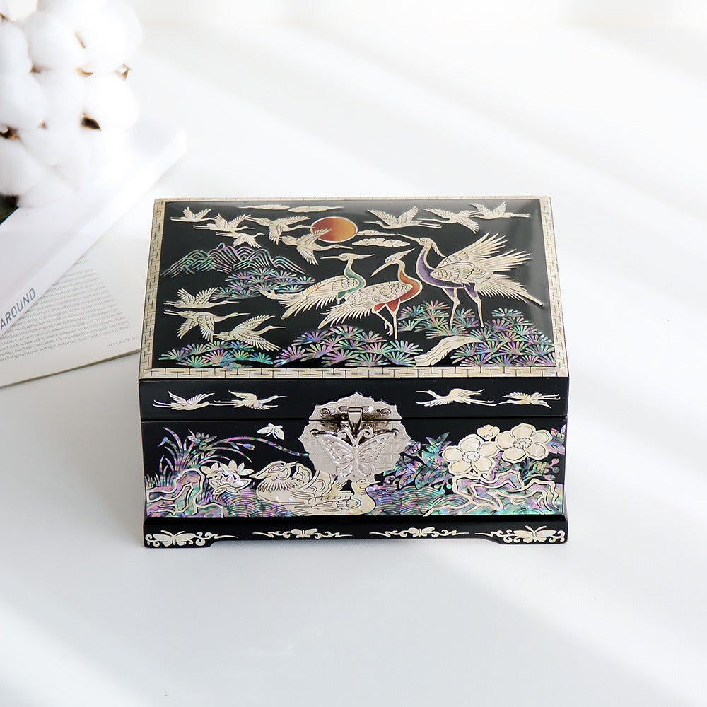 Najeonchilgi Painted Moon Pine & Crane Mother of Pearl Jewelry Box Black, 18 cm