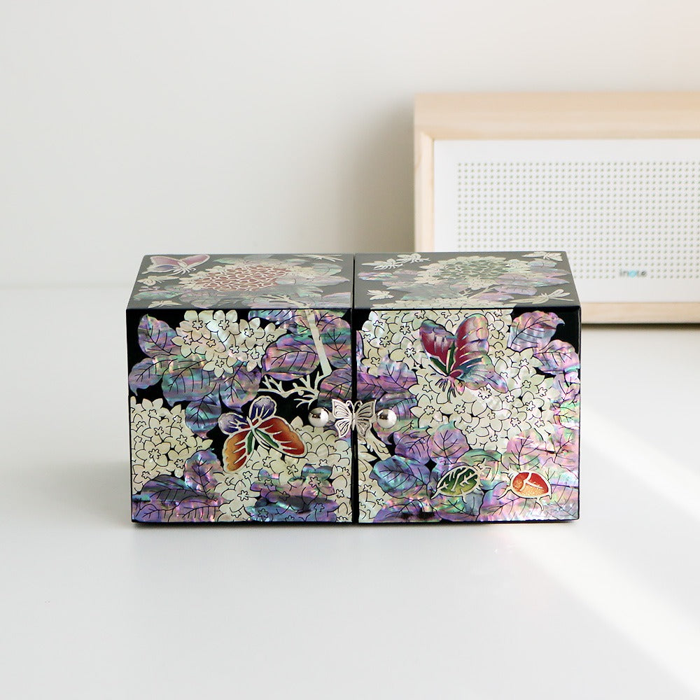 Najeonchilgi Hydrangea Double-Lidded Mother of Pearl Jewelry Box Black (Master Artisan Jang Tae-bok)