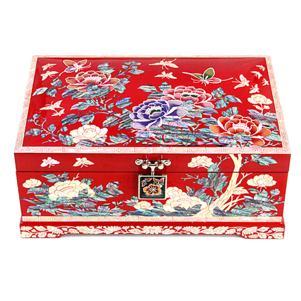 Premium Najeonchilgi 2-Tier Birds & Flowers Peony Red Mother of Pearl Jewelry Box Yedan Wedding Gift Box, 24 cm