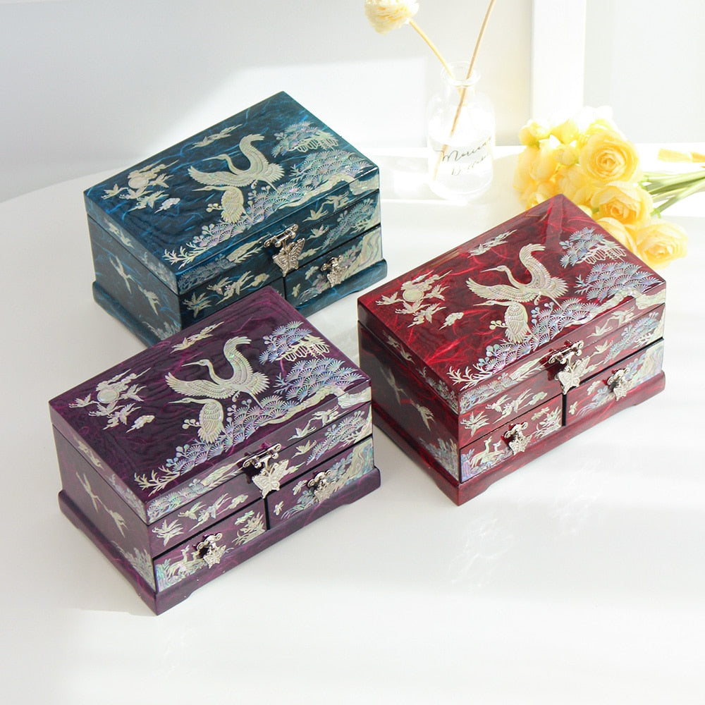 Najeonchilgi 1-Tier Hanji Pine & Crane 2-Drawer Mother of Pearl Jewelry Box