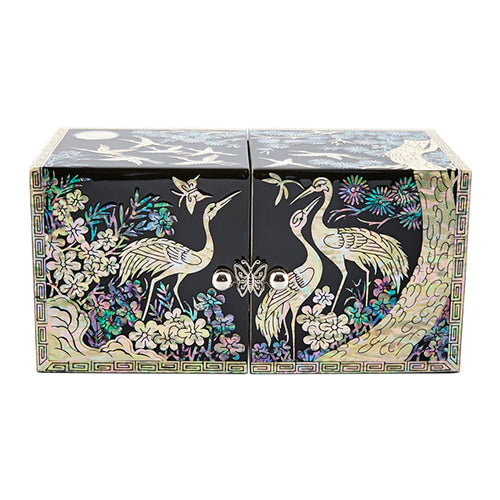 Crane & Pine Cloud Pattern Border Double Lidded Mother of Pearl Jewelry Box (Medium, Glossy, Oh Myung-ho)