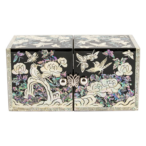 Butterfly Cloud Pattern Border Double Lidded Mother of Pearl Jewelry Box (Small, Glossy, Oh Myung-ho)