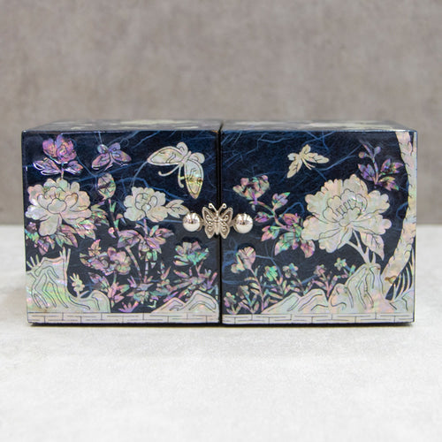 Peony Hanji Double Lidded Mother of Pearl Jewelry Box (Medium, Blue)