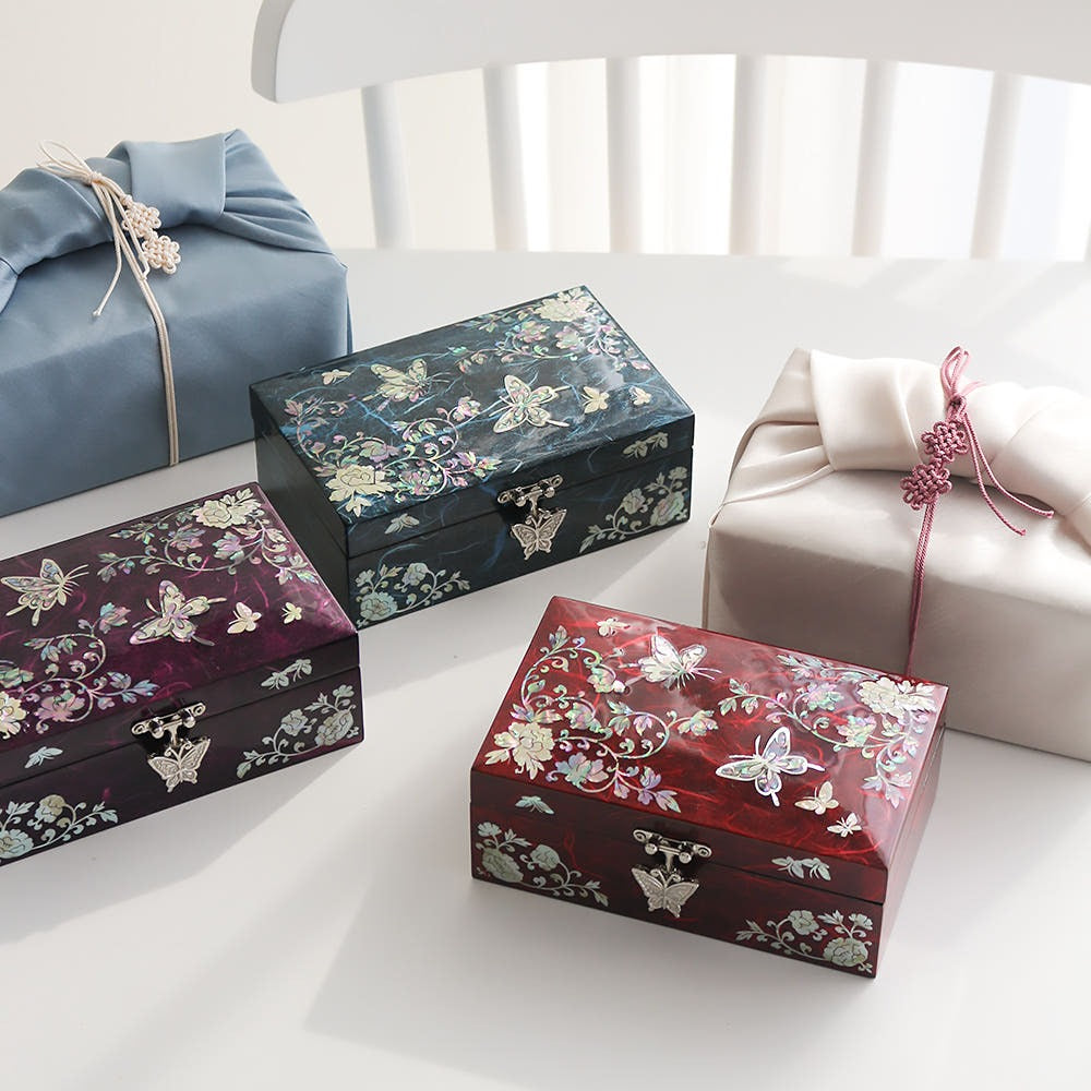 Najeonchilgi Mother of Pearl Jewelry Box Hanji Butterfly Peony Flower Jewelry Box Najeon Jewelry Box Korean, 16 cm