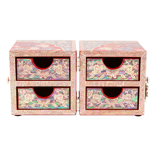 Round Peony Double Lidded Mother of Pearl Jewelry Box (Small, Red)