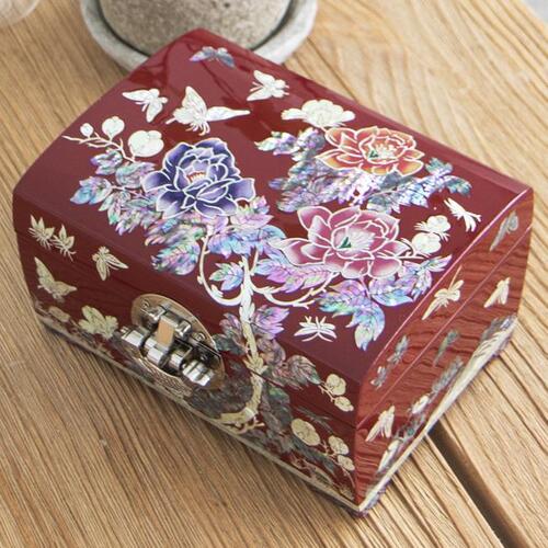 Three-Color Peony 2-Tier Najeonchilgi Jewelry Box (Red) by Jang Tae-bok