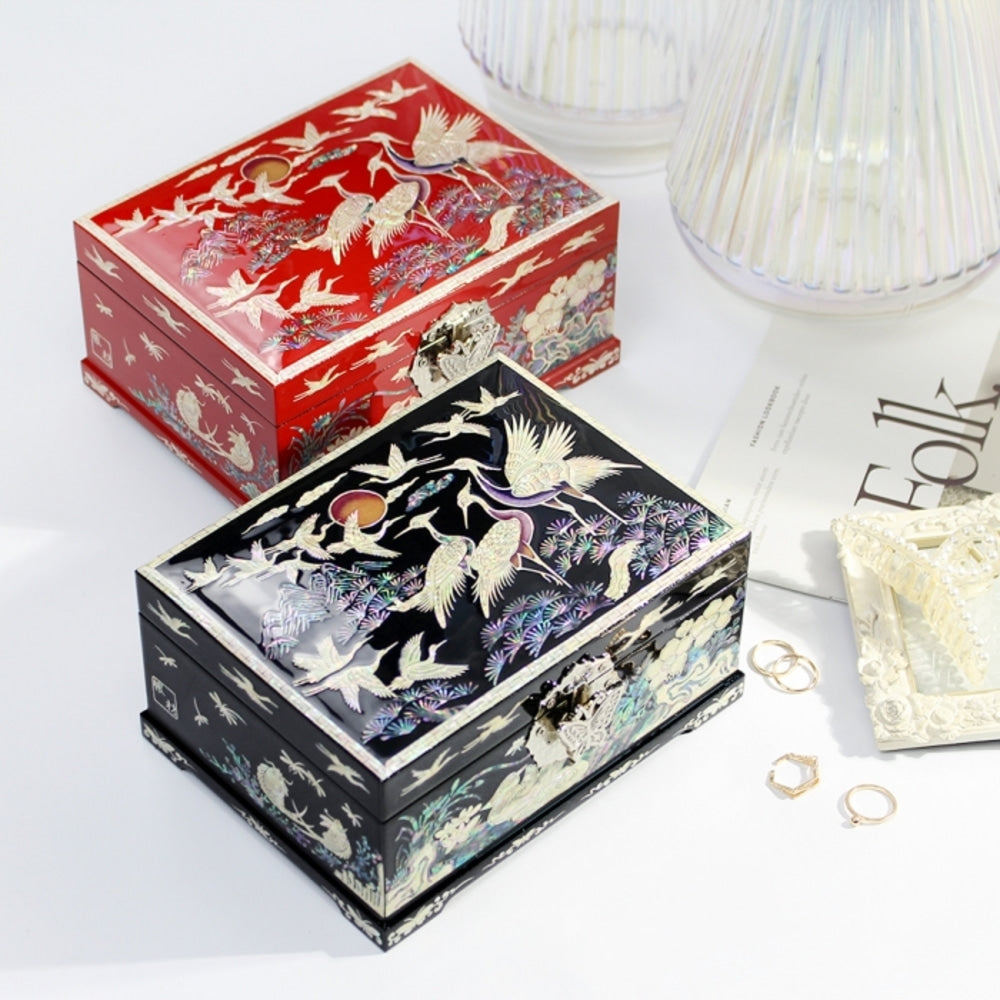 Najeonchilgi Longevity Pine & Crane 2-Tier Mother of Pearl Jewelry Box, 18 cm (Master Artisan Kim Young-man)