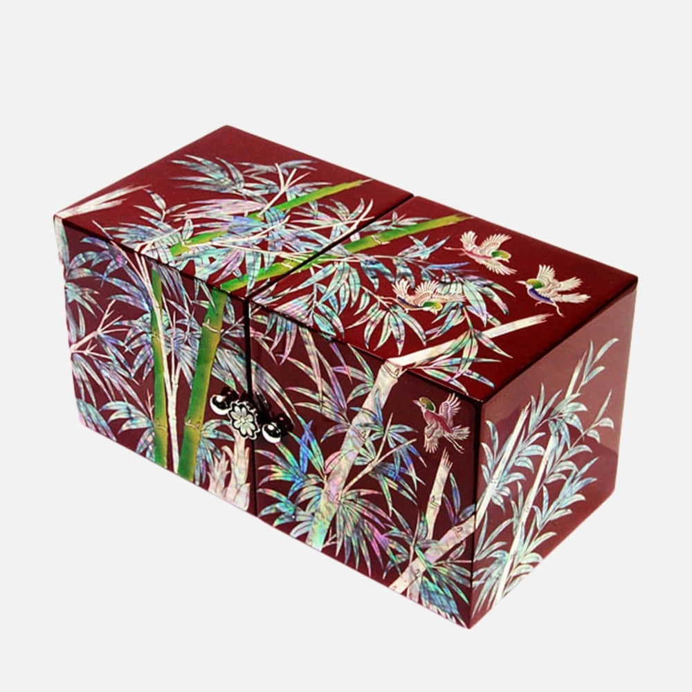 Masterpiece Najeonchilgi Bamboo Red Double-Lidded Secret Mother of Pearl Jewelry Box (Master Artisan Kim Yong-gwan)