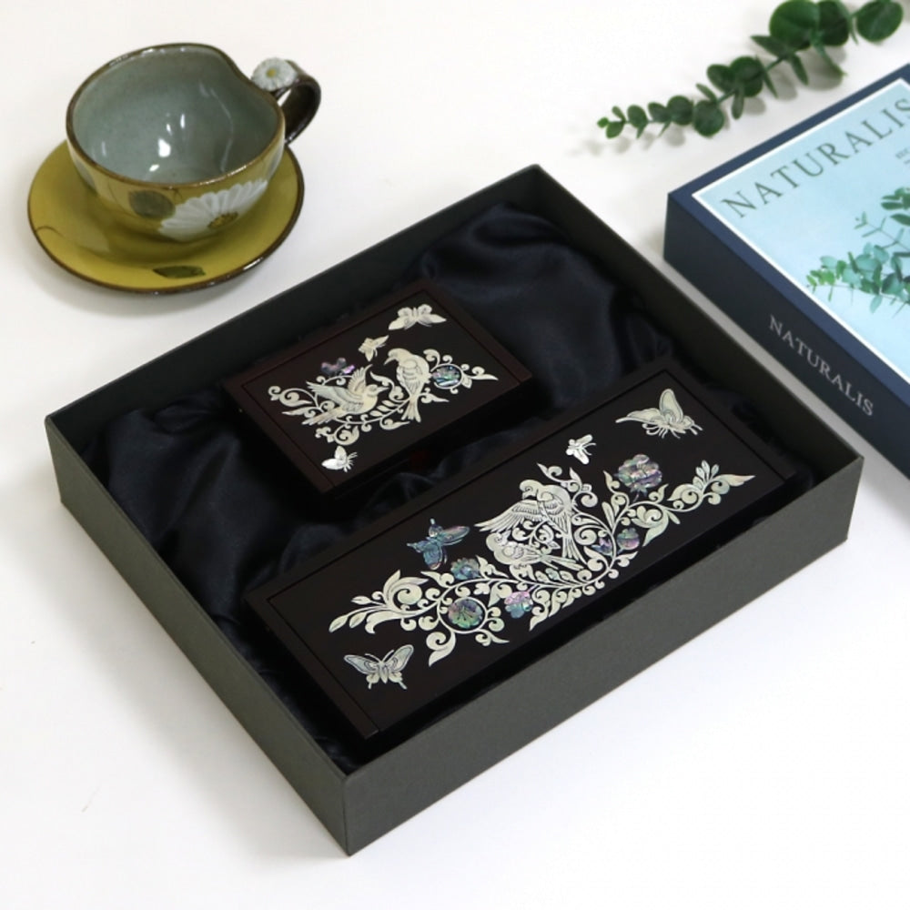 Najeonchilgi 2 Bell Birds & Flowers Mother of Pearl Business Card Case & Pen Case (Auto-Open)