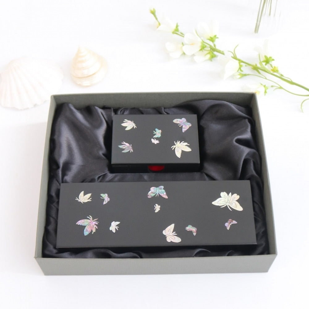 2-Piece Set: Najeonchilgi Butterfly Mother of Pearl Business Card Case Pen Case Set (Case Box)