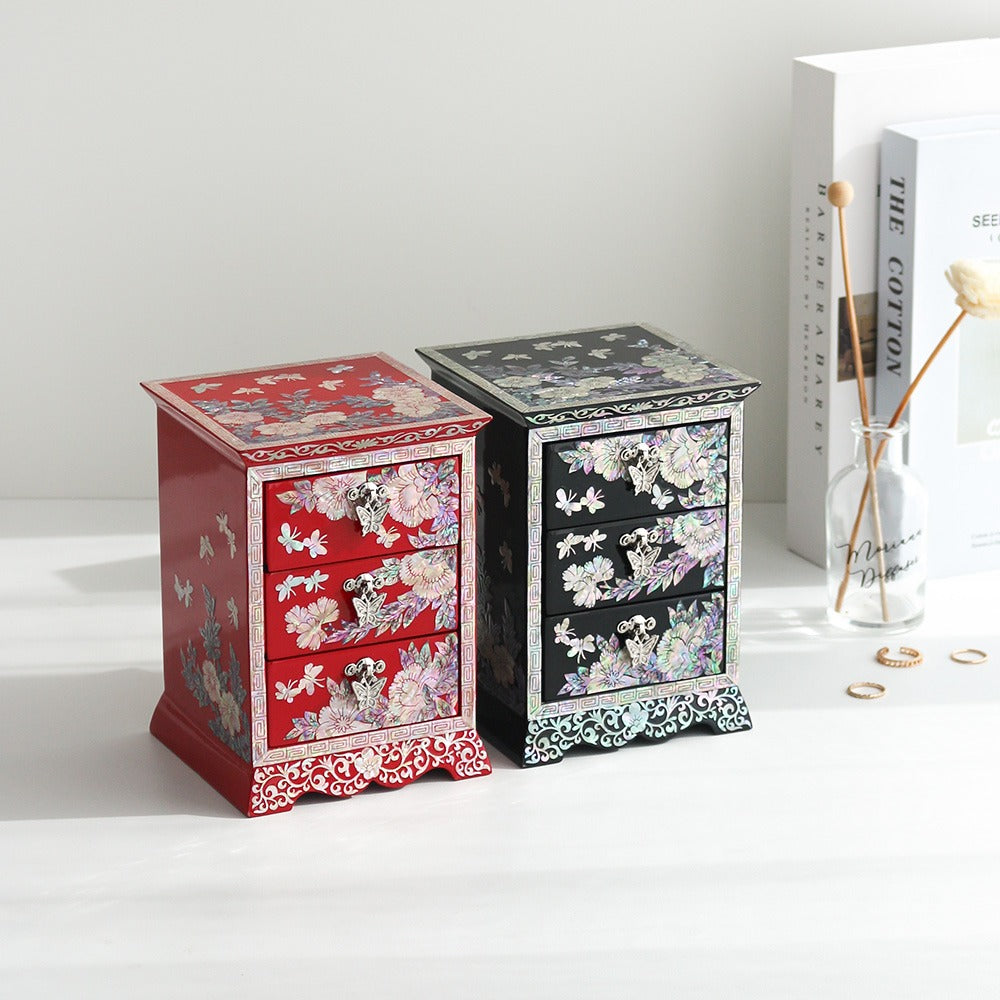 Najeonchilgi Peony Flower Arabesque 3-Tier Drawer Mother of Pearl Jewelry Box