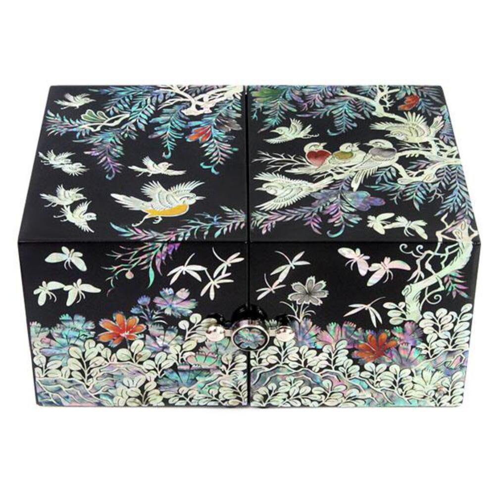 Premium Najeonchilgi Double-Lidded Black (Birds & Flowers) Secret Mother of Pearl Jewelry Box