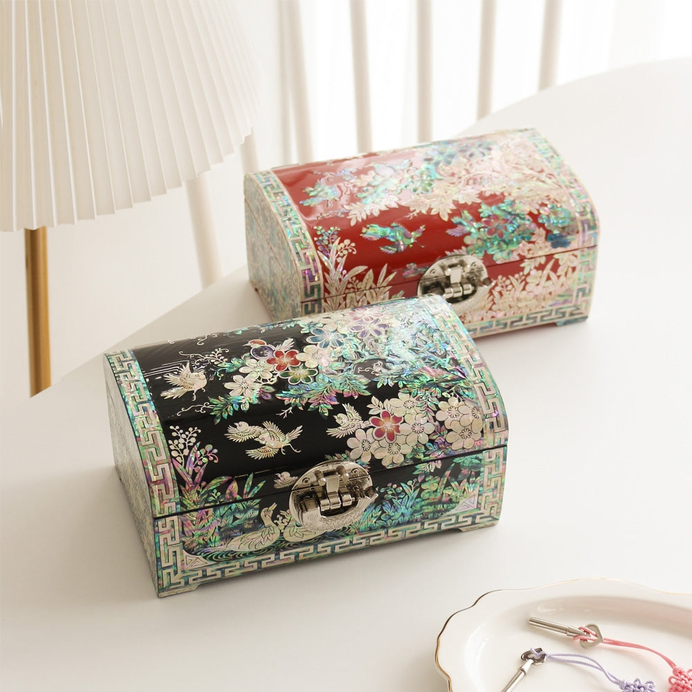 Najeonchilgi Painted Plum Blossom Rounded Mother of Pearl Jewelry Box, 21 cm