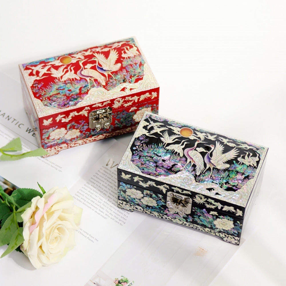 Premium Pine & Crane Mini Mother of Pearl Jewelry Box Ring Box, 15 cm (Master Artisan Kim Young-man)