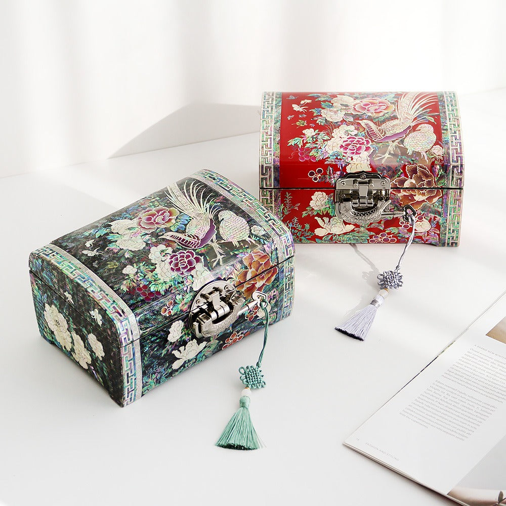 Premium Golden Pheasant Butterfly Peony Rounded Mother of Pearl Jewelry Box Yedan Wedding Gift Box Najeonchilgi, 18 cm