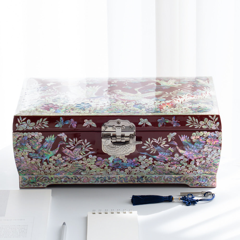 Najeonchilgi lacquerware Crane & Pine Ten Symbols of Longevity Double Door Drawer Mother of Pearl Jewelry Box Large
