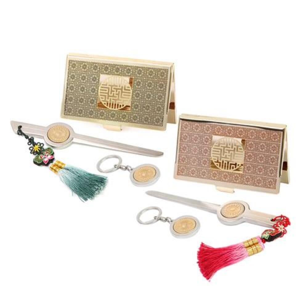 3-Piece Set: Premium Metal Letter Opener Gold Business Card Keyring Set (Wanja Lattice)