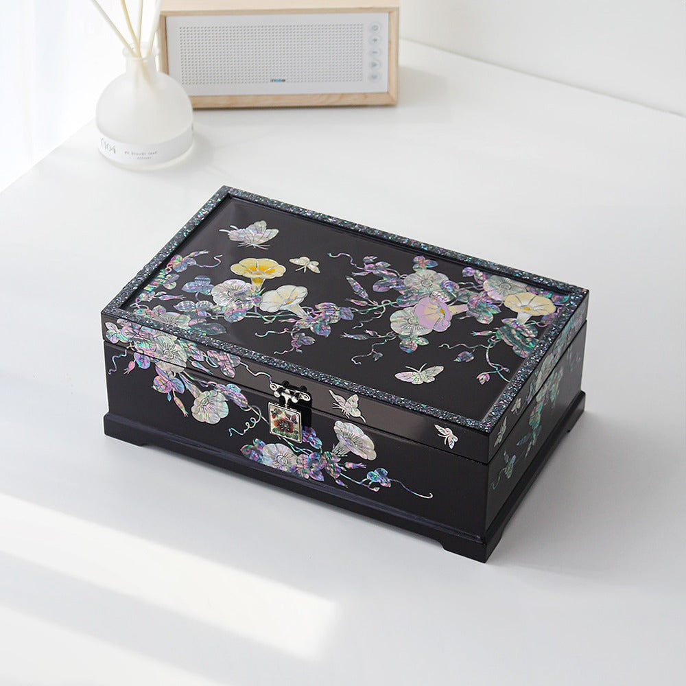 Masterpiece Najeonchilgi Flower Painted Flowers 2-Tier Mother of Pearl Jewelry Box, 30 cm