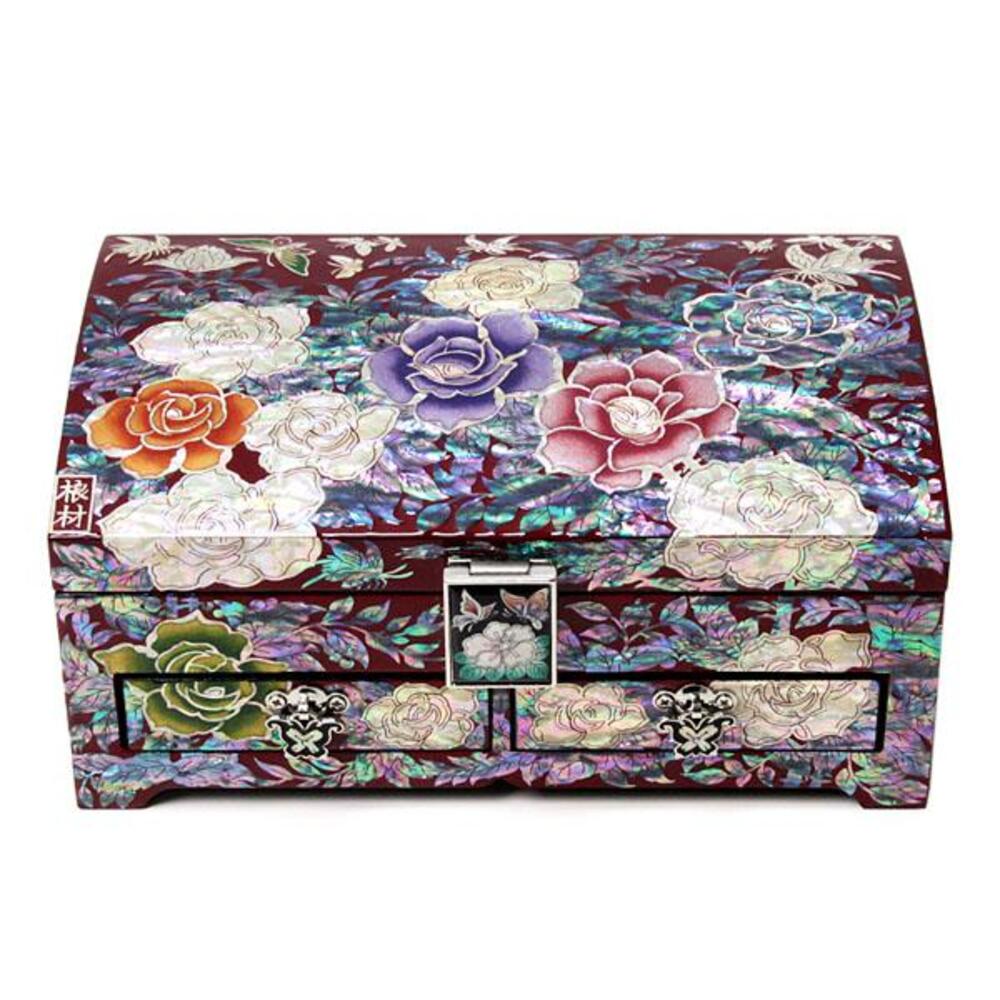 Masterpiece Najeonchilgi Rose Drawer Mother of Pearl Jewelry Box (Red) Jewelry Box, 21 cm (Master Artisan Kim Young-man)