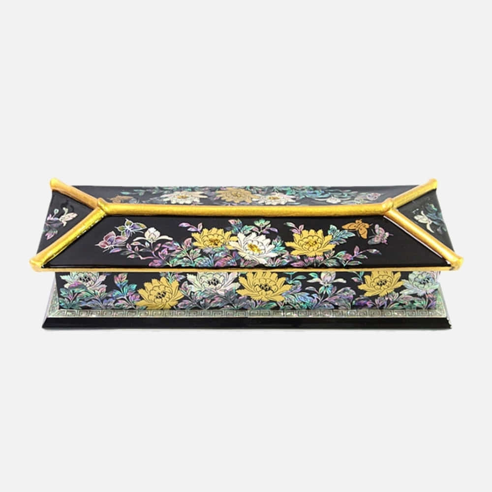 Masterpiece Najeon Gold-Trimmed Peony Roof-Tile Pen Case Black (Master Artisan Kim Yong-gwan)