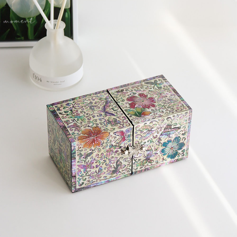 Najeonchilgi Painted Flower & Butterfly Double-Lidded Mother of Pearl Jewelry Box Black (Master Artisan Jang Tae-bok)