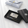 2-Piece Set: Metal Glossy Silver Business Card Case Mother of Pearl Pen Set (Flower & Crane)