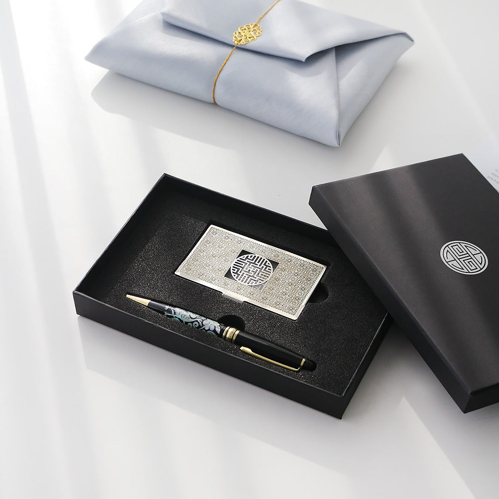 2-Piece Set: Metal Glossy Silver Business Card Case Mother of Pearl Pen Set (Flower & Crane)