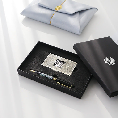 2-Piece Set: Metal Glossy Silver Business Card Case Mother of Pearl Pen Set (Flower & Crane)