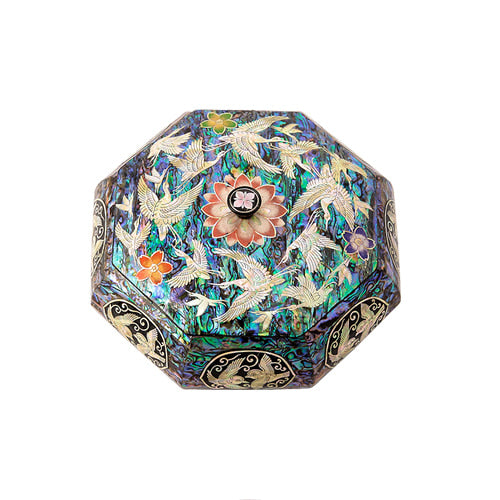 Lotus FlowerCrane Blue Mother of Pearl Panel Knob Octagonal Multi-Purpose Box (Candy Bowl) - by Park In-ho