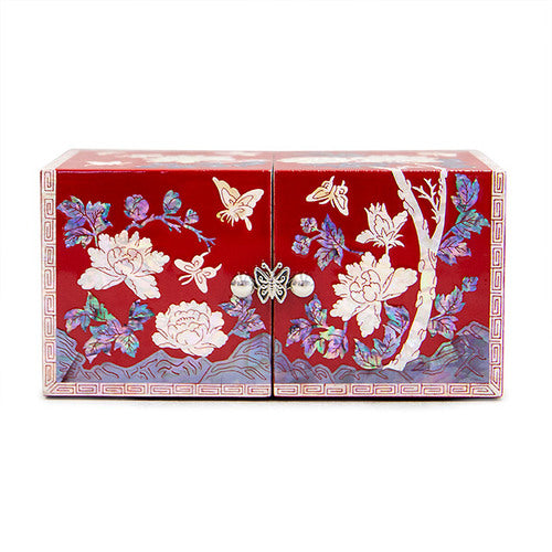 Peony NaturalMother of Pearl Double Lidded Jewelry Box (Medium, Glossy, Red) - Oh Myung-ho