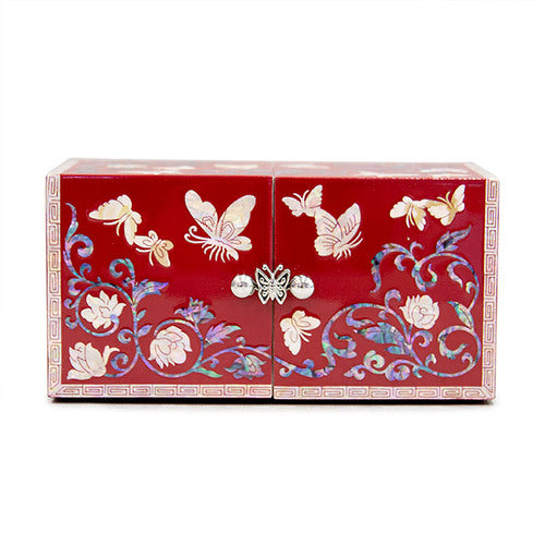 Butterfly NaturalMother of Pearl Double Lidded Jewelry Box (Medium, Glossy, Red) - Oh Myung-ho