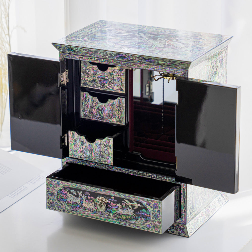 Peony Scholar 5-Drawer Mother of Pearl Jewelry Box Medium (Hanji, Blue)