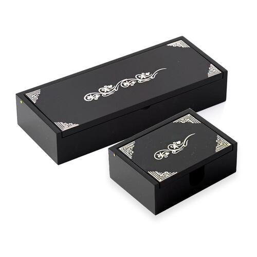 Inlaid Auto-Slide Business Card & Pen Holder Set — Double Cranes, Cloud Cranes & Arabesque Patterns - OF0236
