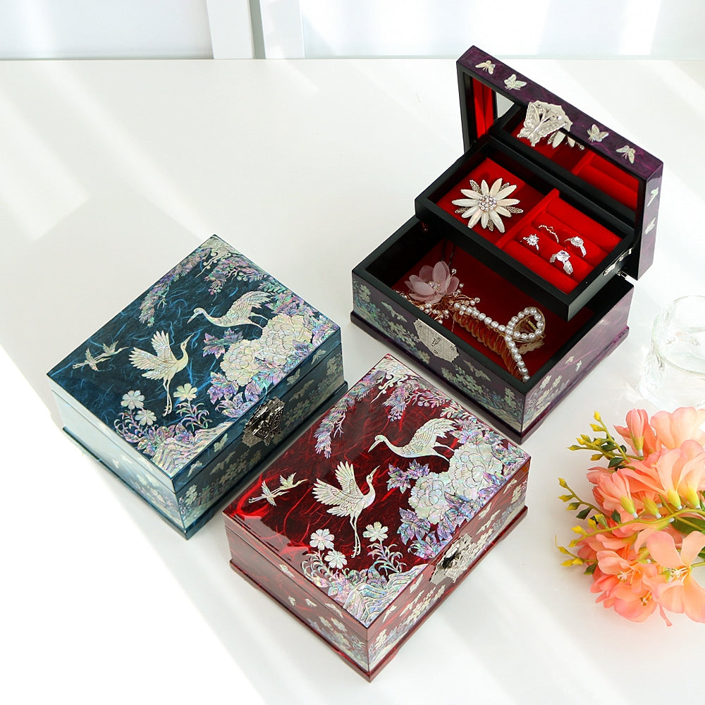 Najeonchilgi Peony Pine & Crane Hanji Mother of Pearl Jewelry Box, 18 cm