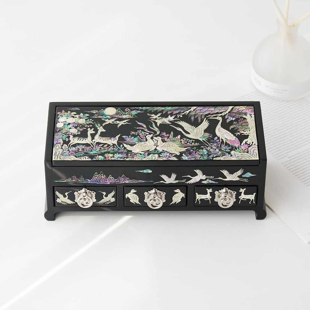 Najeonchilgi Ten Symbols of Longevity 3-Tier Drawer Mother of Pearl Jewelry Box, 23 cm