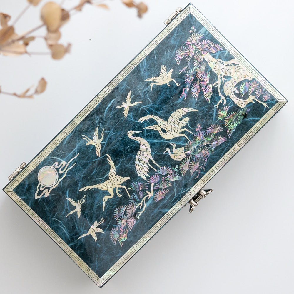 Hanji Crane & Pine 1-Tier LeftJewelry Box (Blue) - Oh Myung-ho