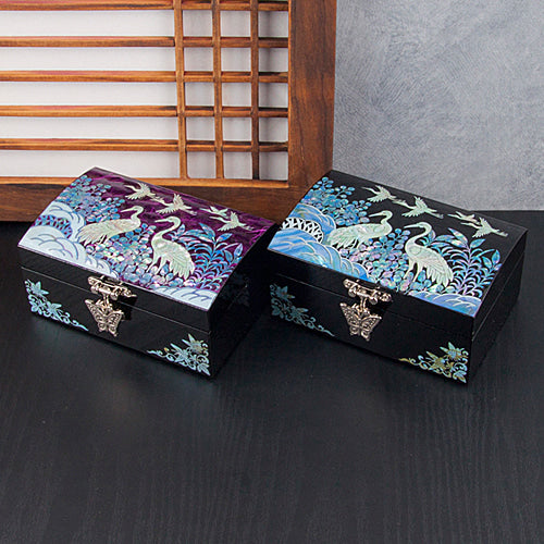Hanji Base Jewelry Box (Magnolia, Pair of Crane Motif) - Red, Black, Blue, Purple