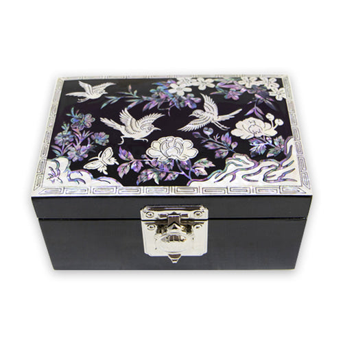 Joseon Mother of Pearl Straight Turtle Jewelry Box (1-Tier, Oh Myung-ho) - Crane & Pine, Peony Motif