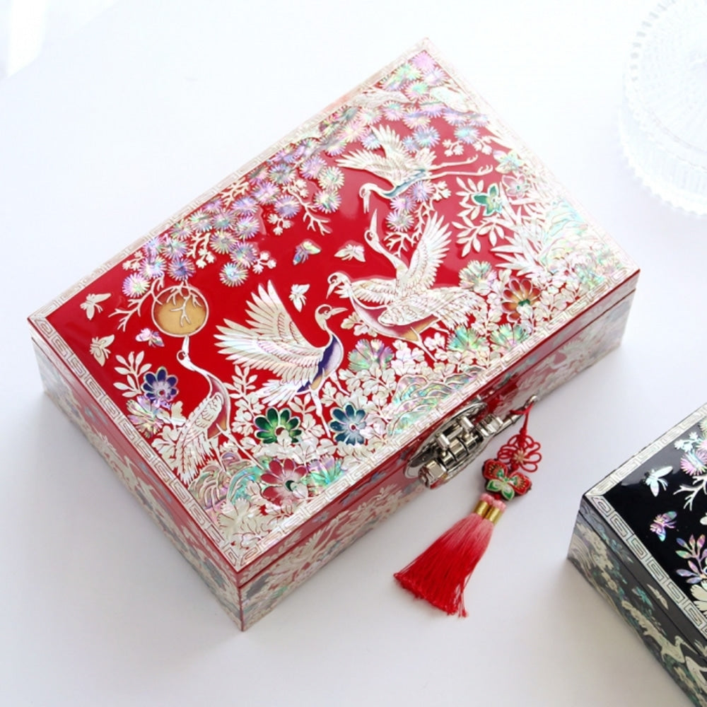 Premium Najeonchilgi Pine & Crane Mother of Pearl Jewelry Box (Red) Jewelry Box Yedan Wedding Gift Box, 24 cm (Master Artisan Jang Tae-bok)
