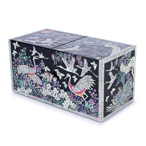 Crane & Pine Double Lidded Mother of Pearl Jewelry Box (Black, Large)