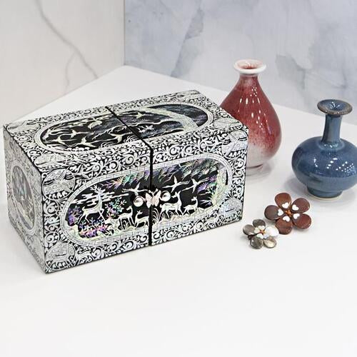 Premium Najeonchilgi Lacquerware Ten Symbols of Longevity Oval Border Double Lidded Mother of Pearl Jewelry Box