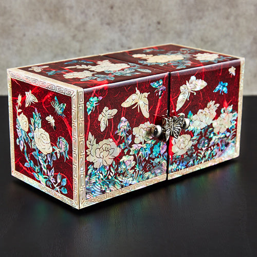 Peony Cloud Pattern Border Hanji Double Lidded Mother of Pearl Jewelry Box (Small, Glossy, Red)