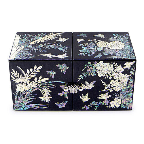 Four Gracious Plants Double Lidded Mother of Pearl Jewelry Box (Medium, Glossy, Black)