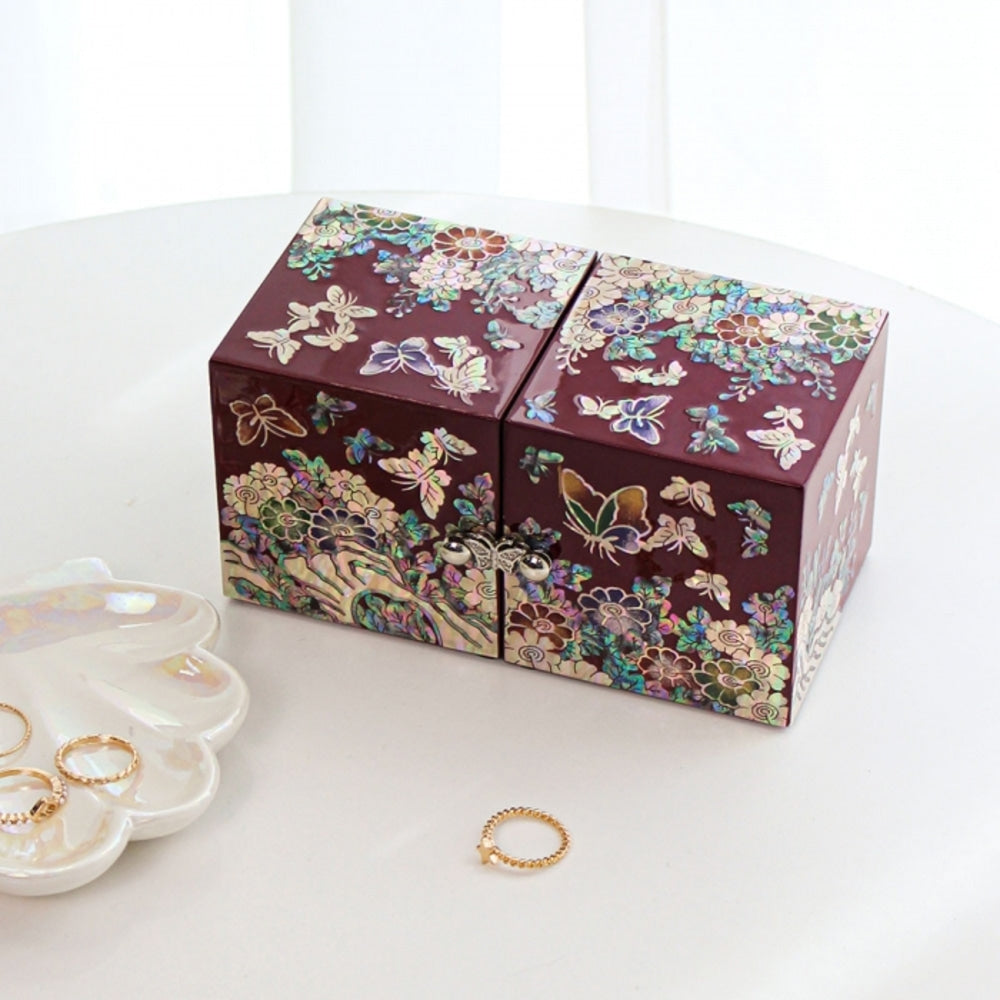 Premium Najeonchilgi Mini Double-Lidded Small (Butterfly Chrysanthemum) Secret Mother of Pearl Jewelry Box