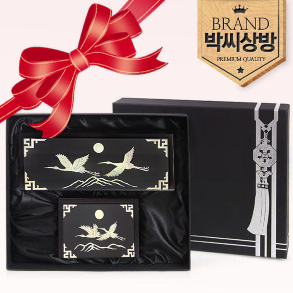 2-Piece Set: Najeon Auto-Open Pen Case Business Card Case (Crane Mother of Pearl)